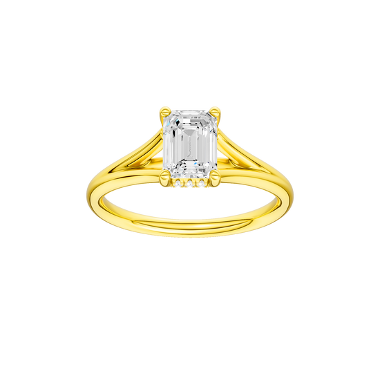 Emerald-cut diamond engagement ring with a plain band and hidden-halo setting.