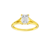 Emerald-cut diamond engagement ring with a plain band and hidden-halo setting.