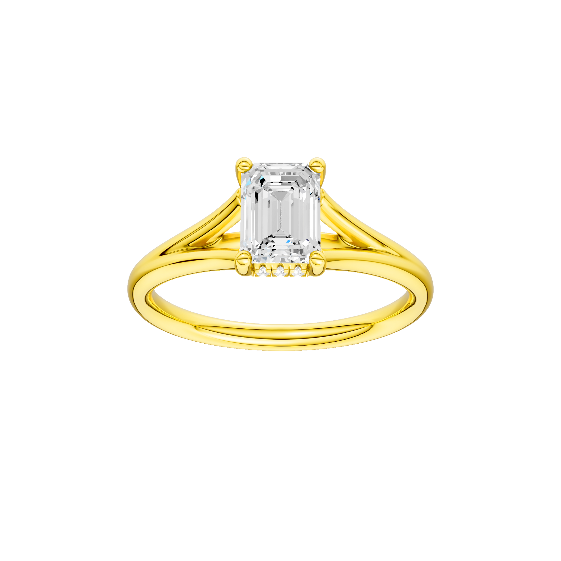 Emerald-cut diamond engagement ring with a plain band and hidden-halo setting.