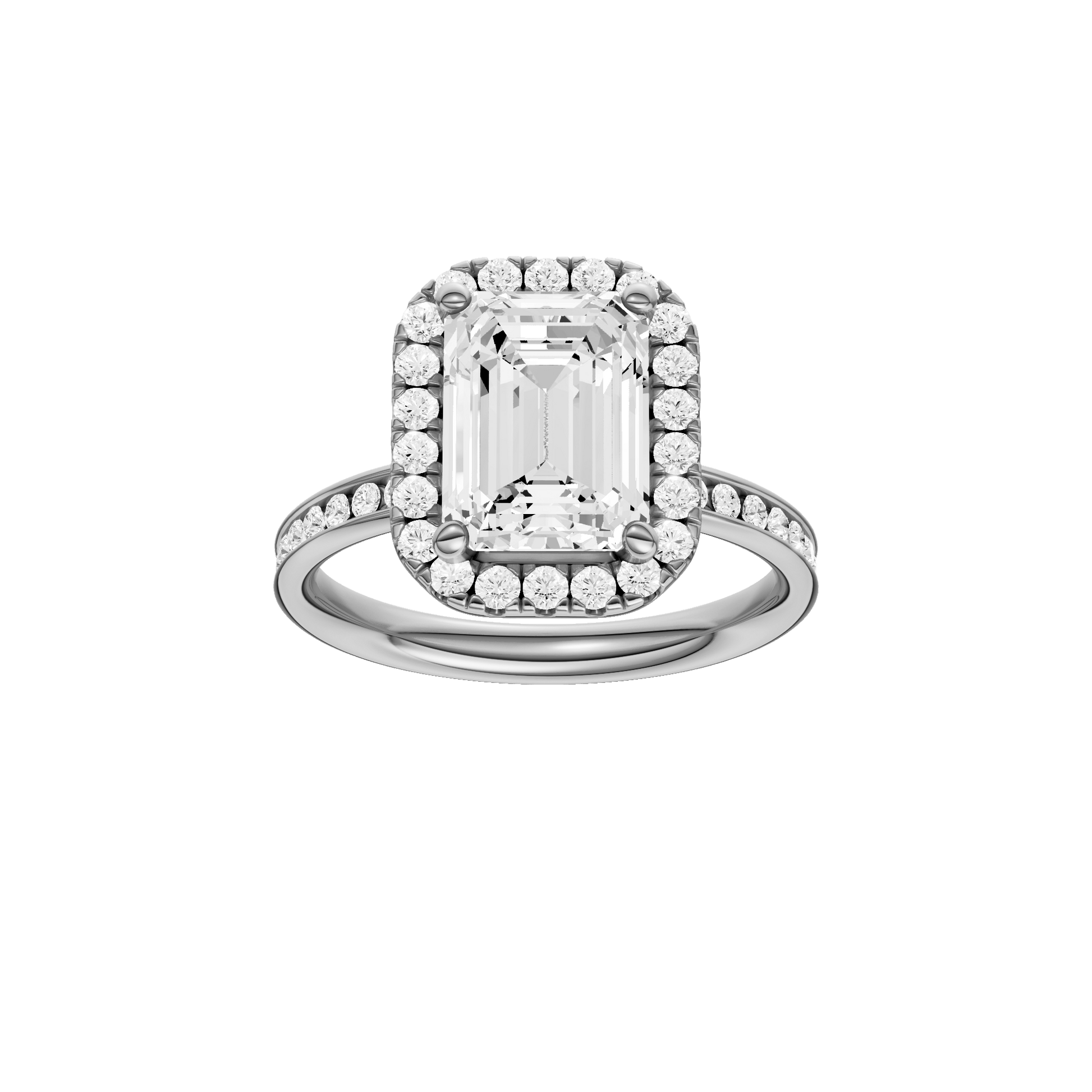 Emerald-cut diamond engagement ring with a channel-set diamond band and halo setting.