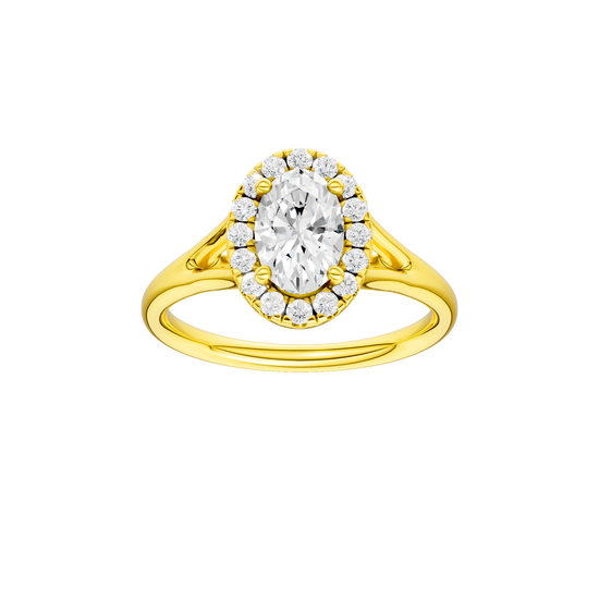 Oval-cut diamond engagement ring with a plain band and halo setting.