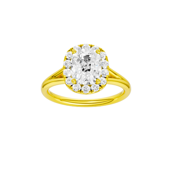 Elongated cushion-cut diamond engagement ring with a plain band and halo setting.