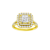 Princess-cut diamond engagement ring with a prong-set diamond band and double-halo setting.