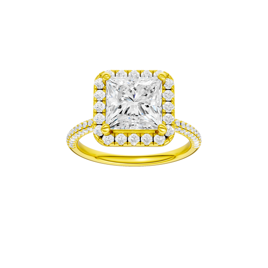 Princess-cut diamond engagement ring with a pavé-set diamond band and halo setting.