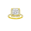 Princess-cut diamond engagement ring with a pavé-set diamond band and halo setting.