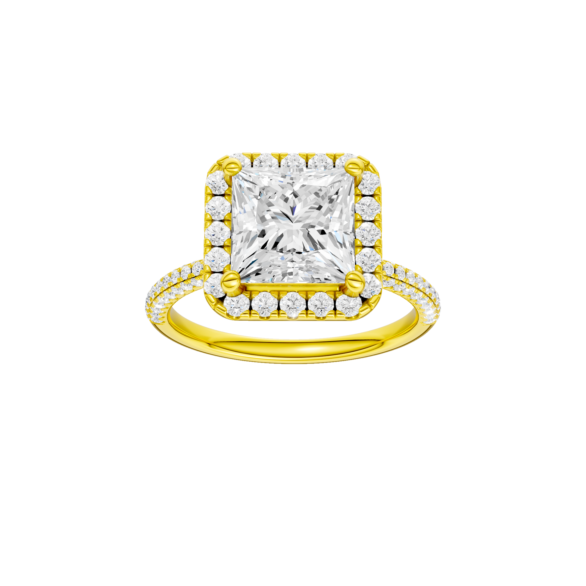 Princess-cut diamond engagement ring with a pavé-set diamond band and halo setting.
