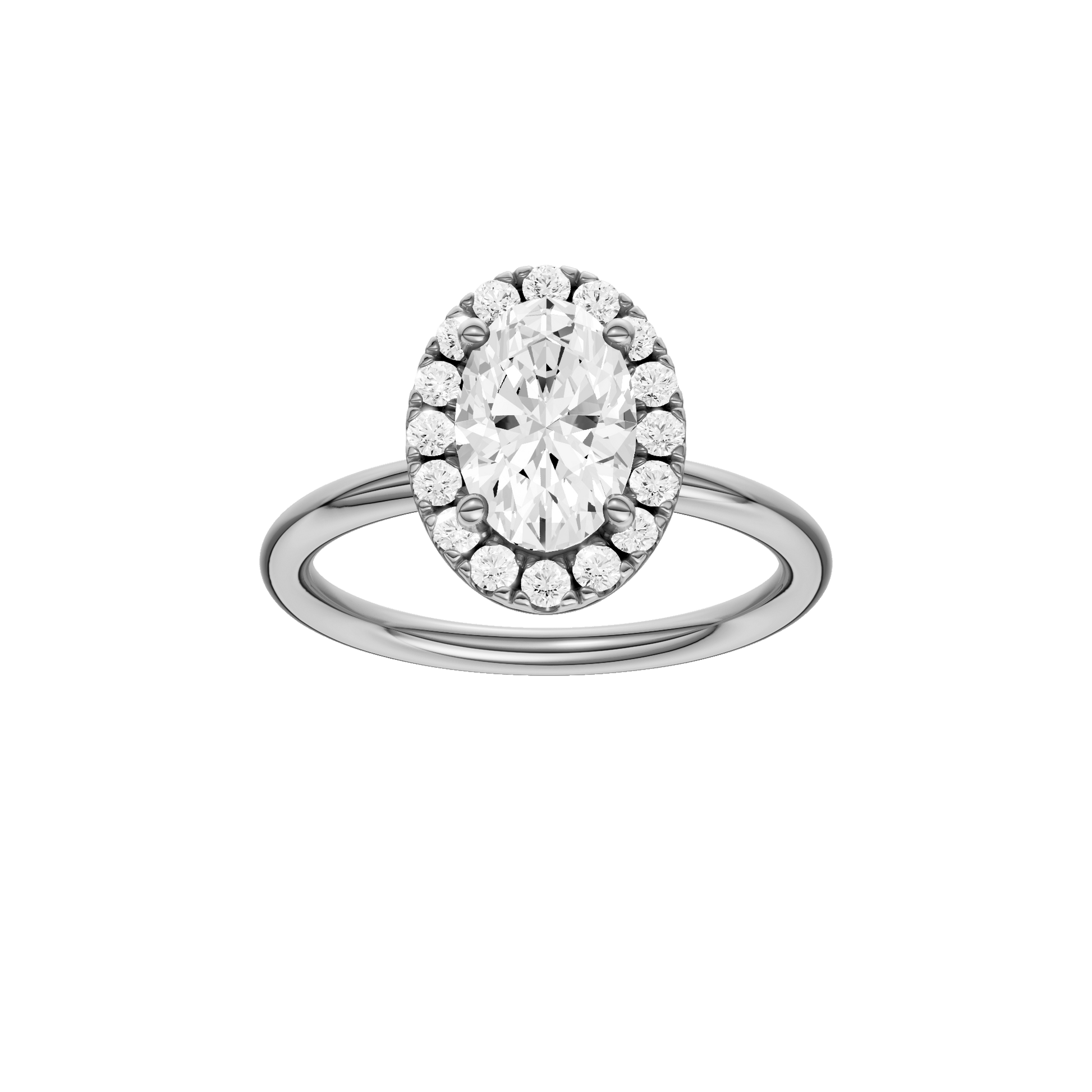Oval-cut diamond engagement ring with a plain band and halo setting.