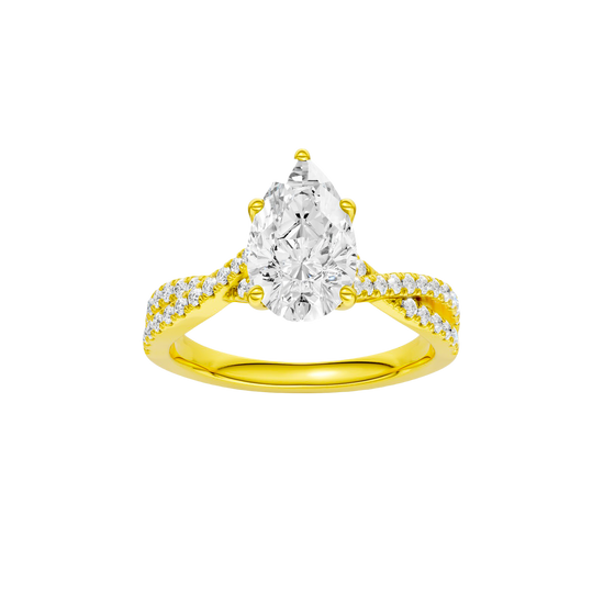 Pear-cut diamond engagement ring in 14k yellow gold with a prong-set diamond band and twist setting