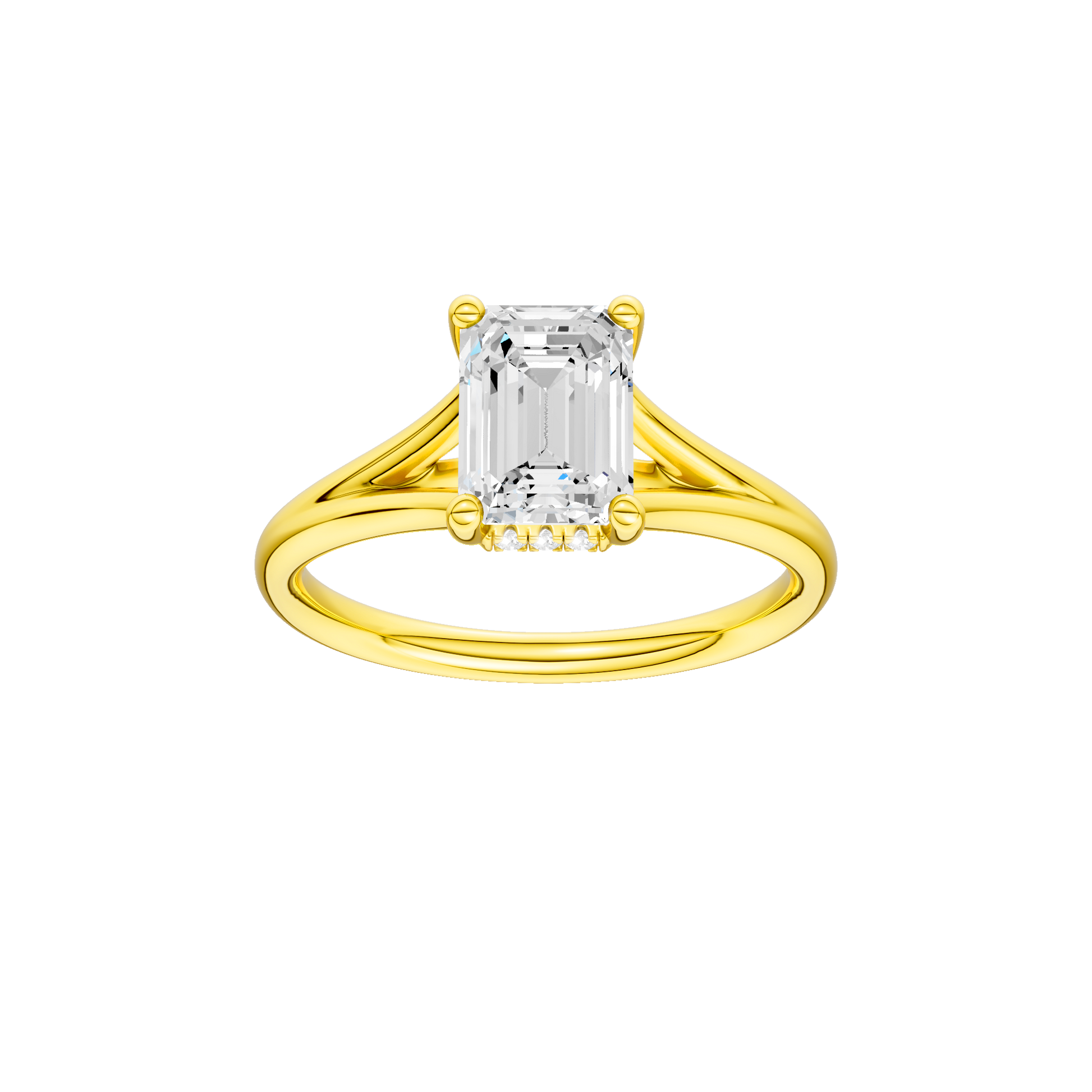 Emerald-cut diamond engagement ring with a plain band and hidden-halo setting.