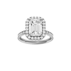 Emerald-cut diamond engagement ring with a channel-set diamond band and halo setting.