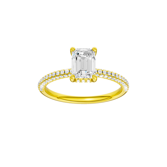 Emerald-cut diamond engagement ring with a pavé-set diamond band and hidden-halo setting.