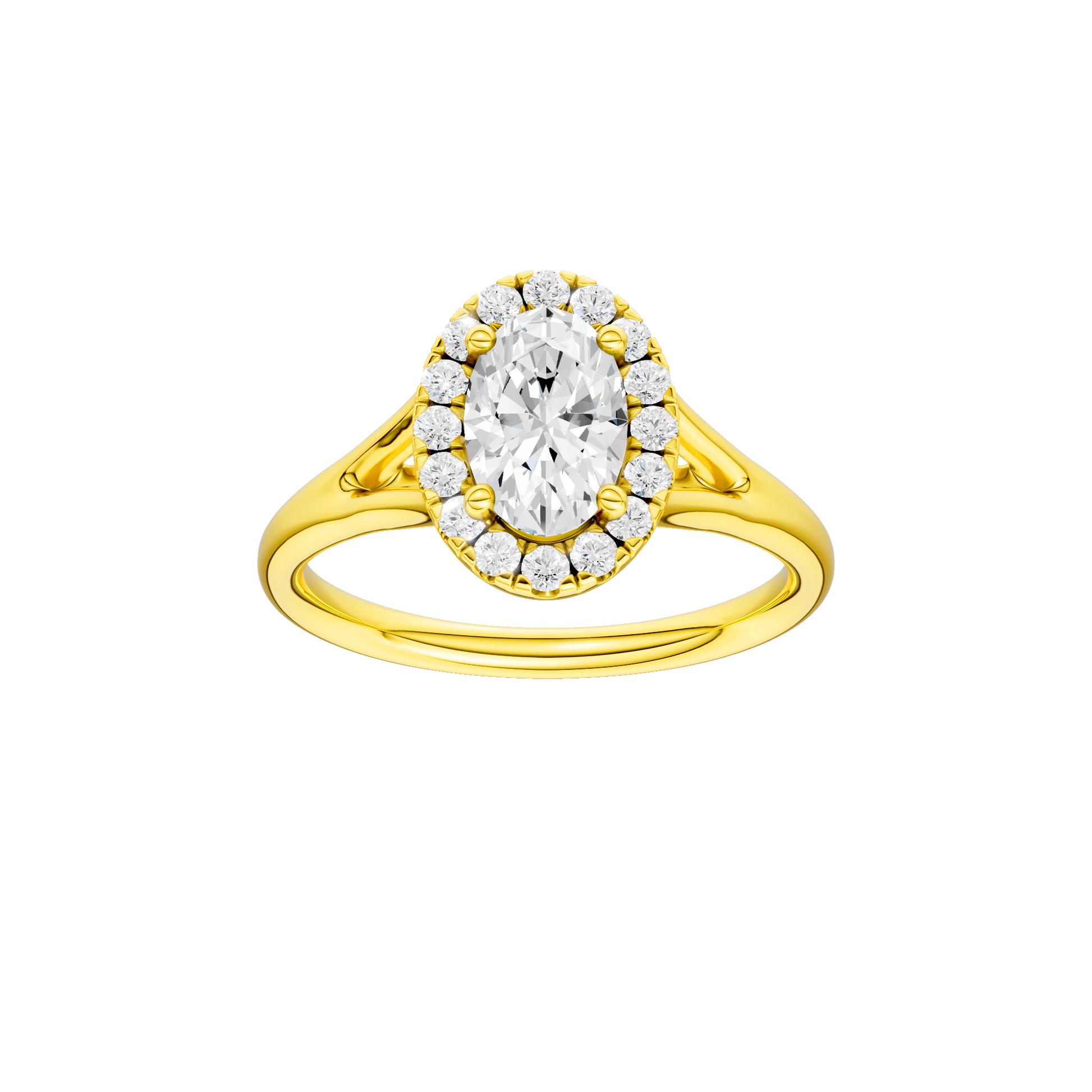 Oval-cut diamond engagement ring with a plain band and halo setting.