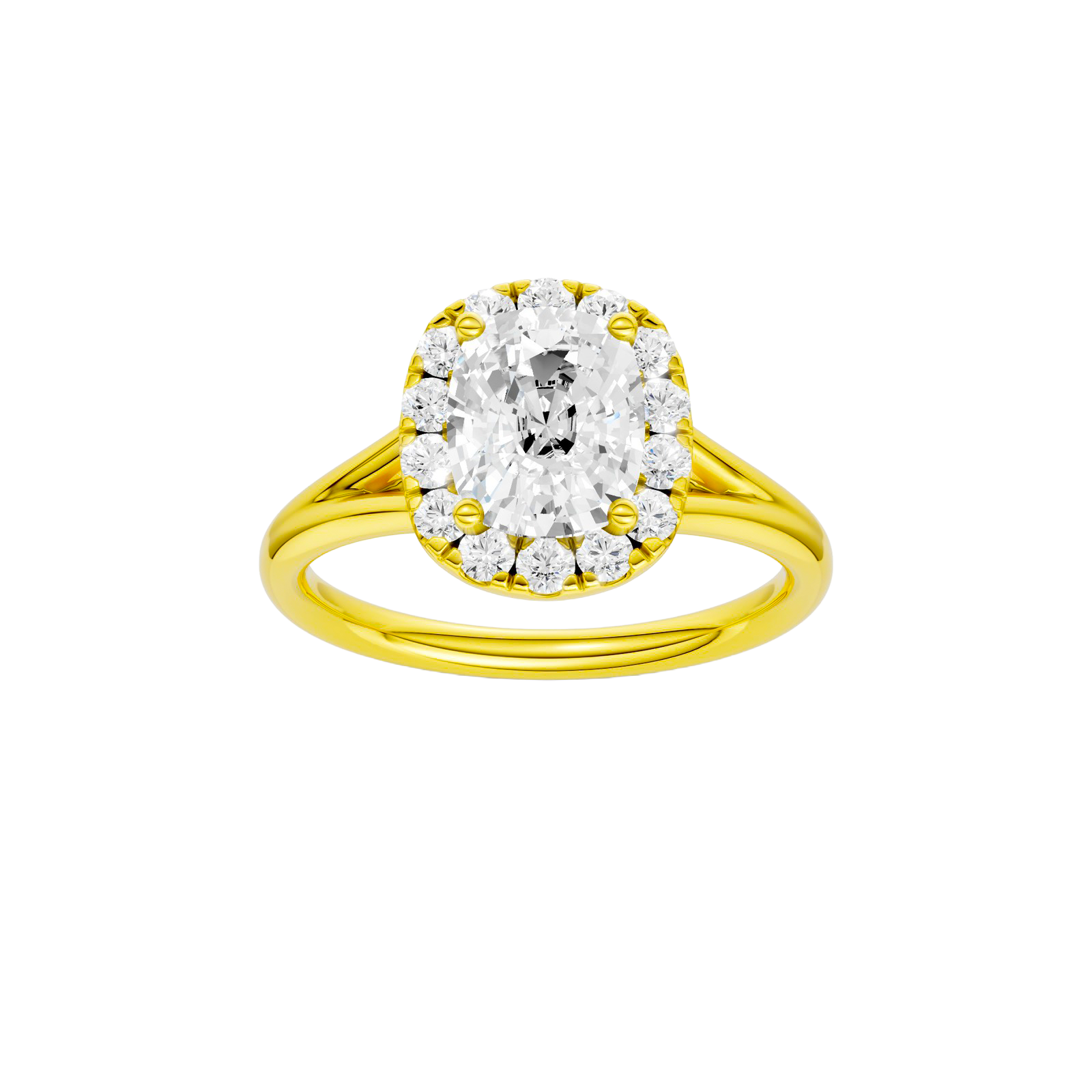 Elongated cushion-cut diamond engagement ring with a plain band and halo setting.