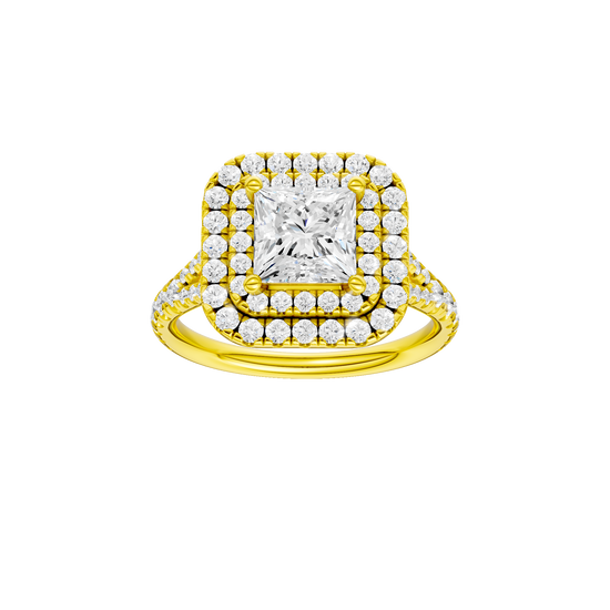 Princess-cut diamond engagement ring with a prong-set diamond band and double-halo setting.