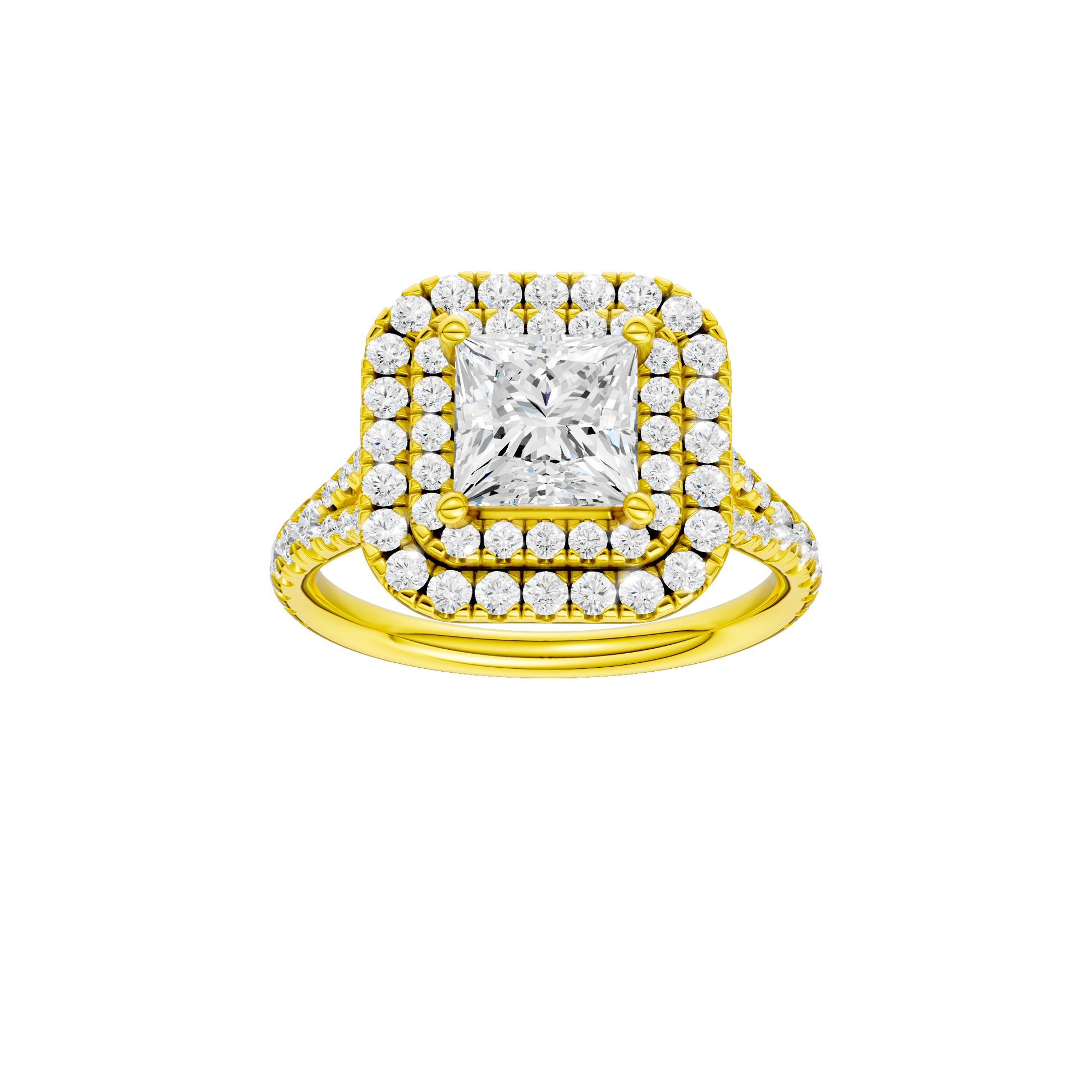 Princess-cut diamond engagement ring with a prong-set diamond band and double-halo setting.