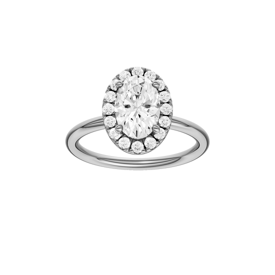Oval-cut diamond engagement ring with a plain band and halo setting.