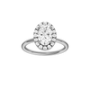 Oval-cut diamond engagement ring with a plain band and halo setting.