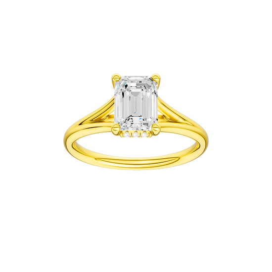Emerald-cut diamond engagement ring with a plain band and hidden-halo setting.