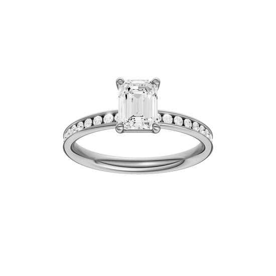 Emerald-cut diamond engagement ring with a channel-set diamond band and solitaire setting.