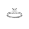 Emerald-cut diamond engagement ring with a channel-set diamond band and solitaire setting.