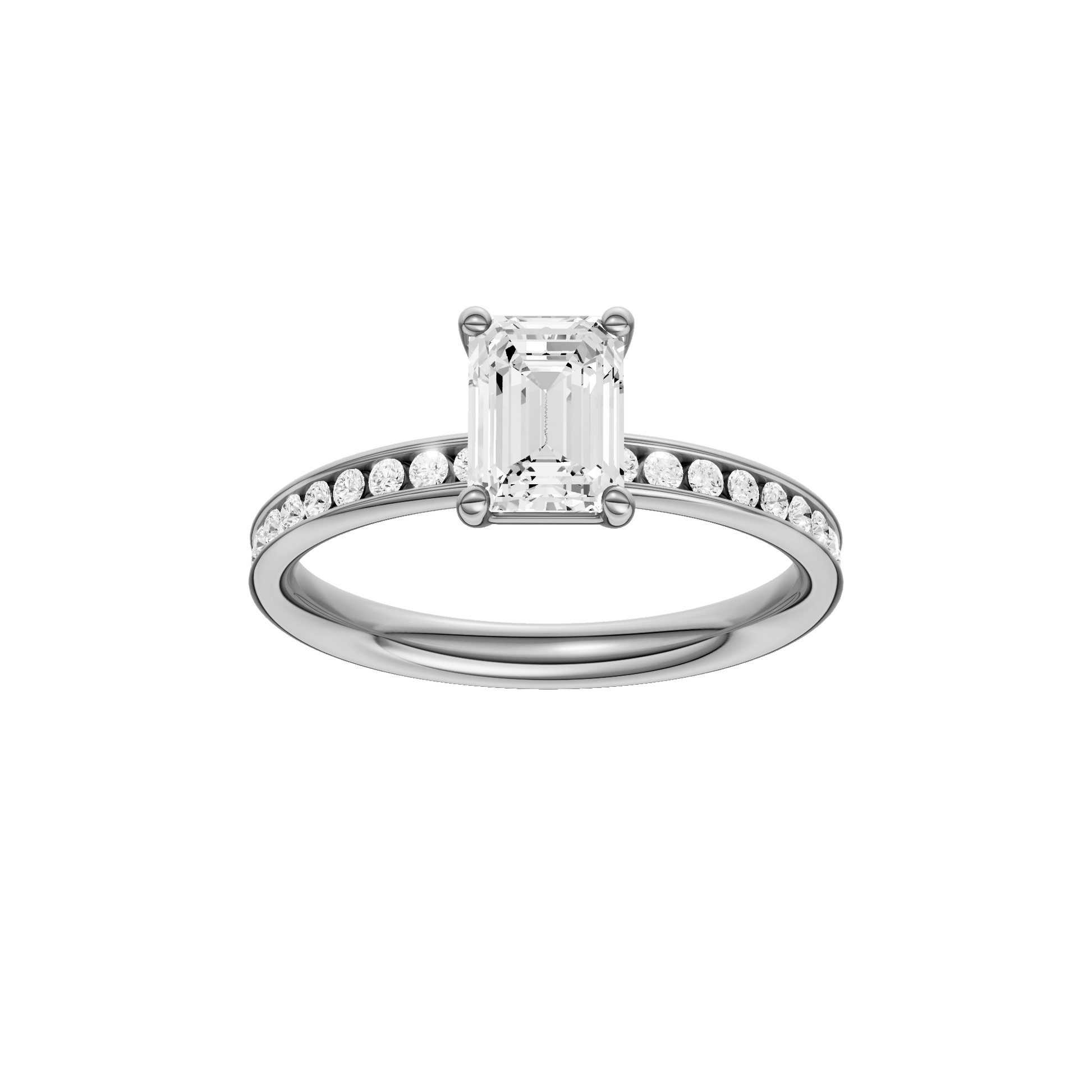 Emerald-cut diamond engagement ring with a channel-set diamond band and solitaire setting.