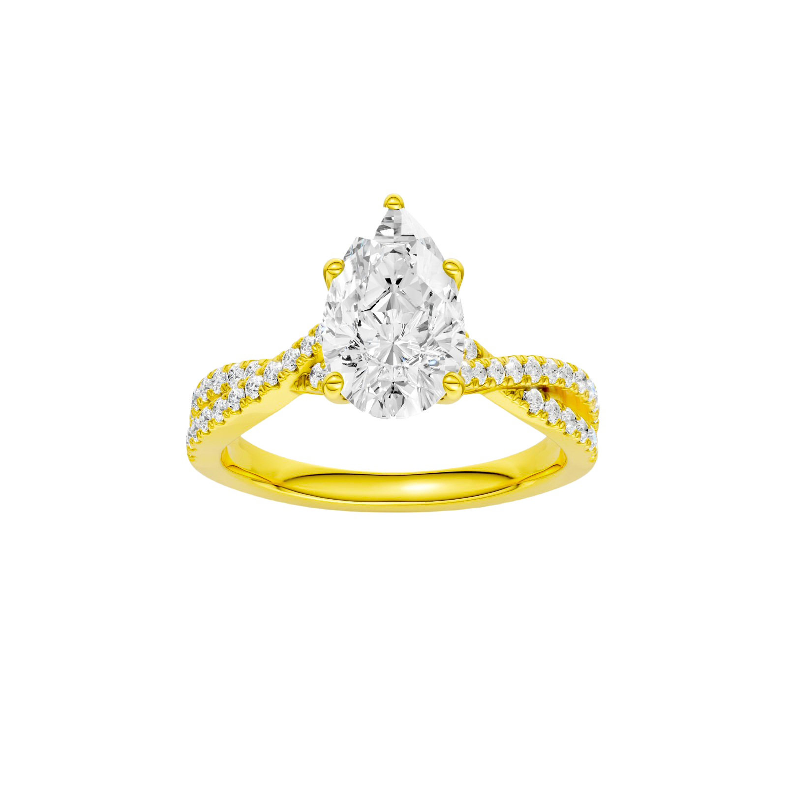 Pear-cut diamond engagement ring in 14k yellow gold with a prong-set diamond band and twist setting