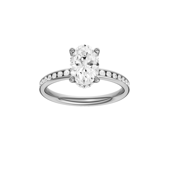 Oval-cut diamond engagement ring with a channel-set diamond band and hidden-halo setting.