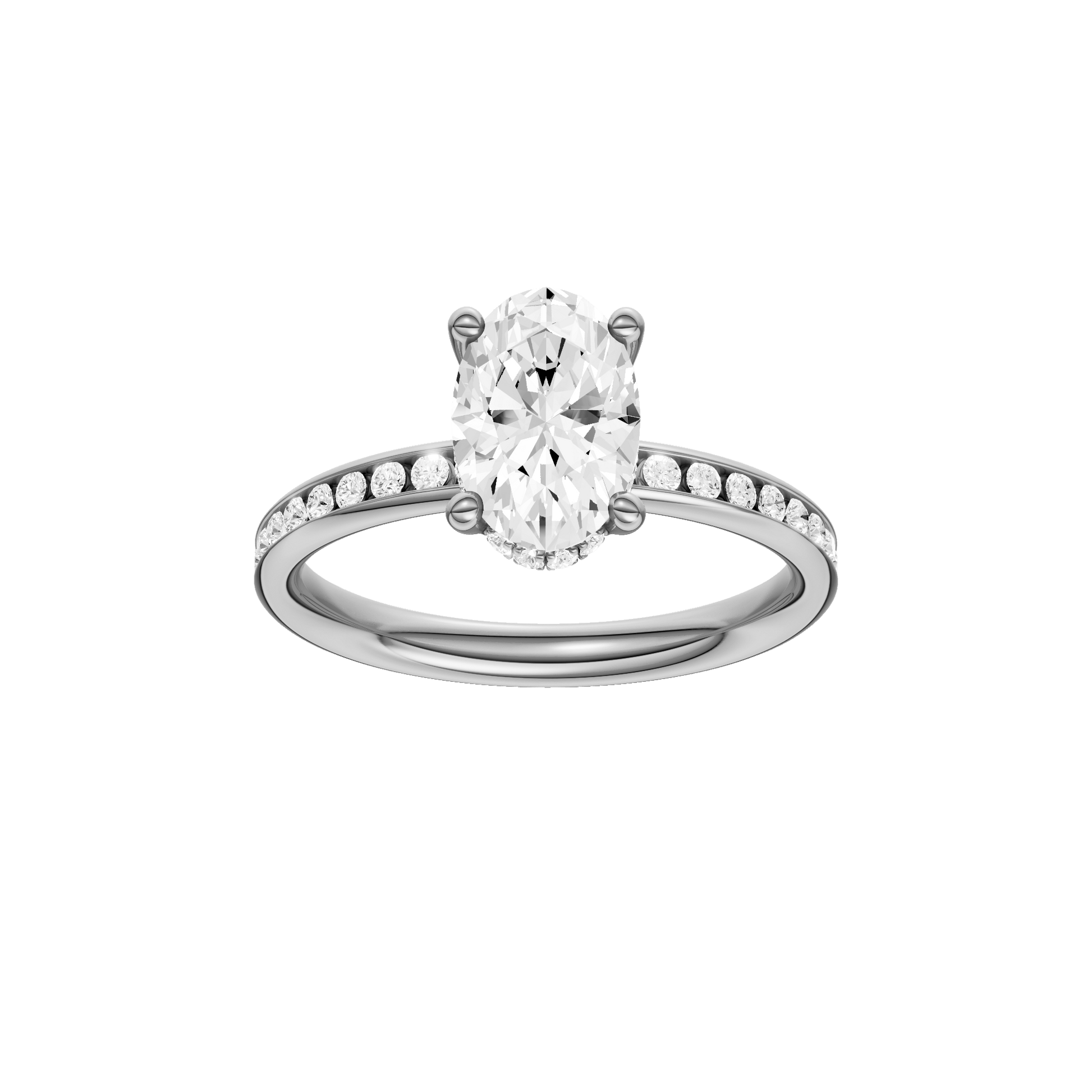 Oval-cut diamond engagement ring with a channel-set diamond band and hidden-halo setting.