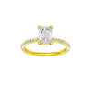 Emerald-cut diamond engagement ring with a pavé-set diamond band and hidden-halo setting.