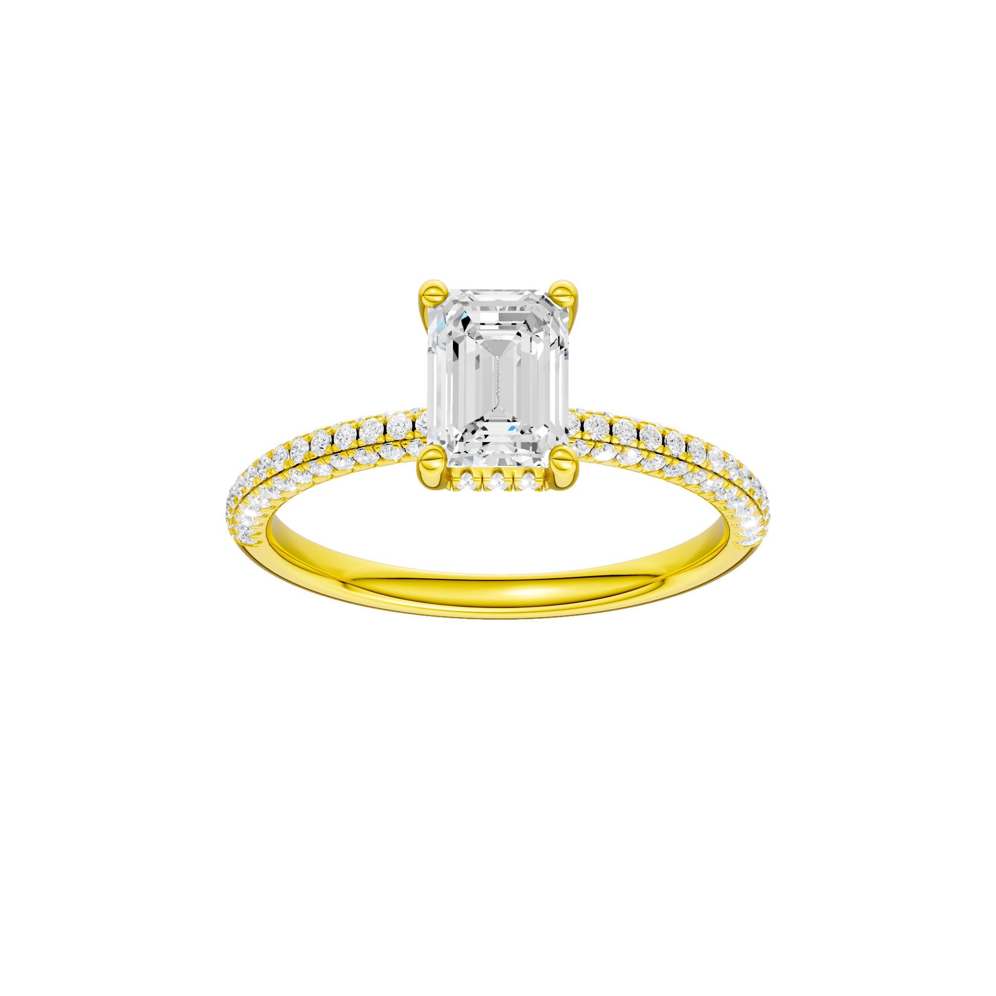 Emerald-cut diamond engagement ring with a pavé-set diamond band and hidden-halo setting.