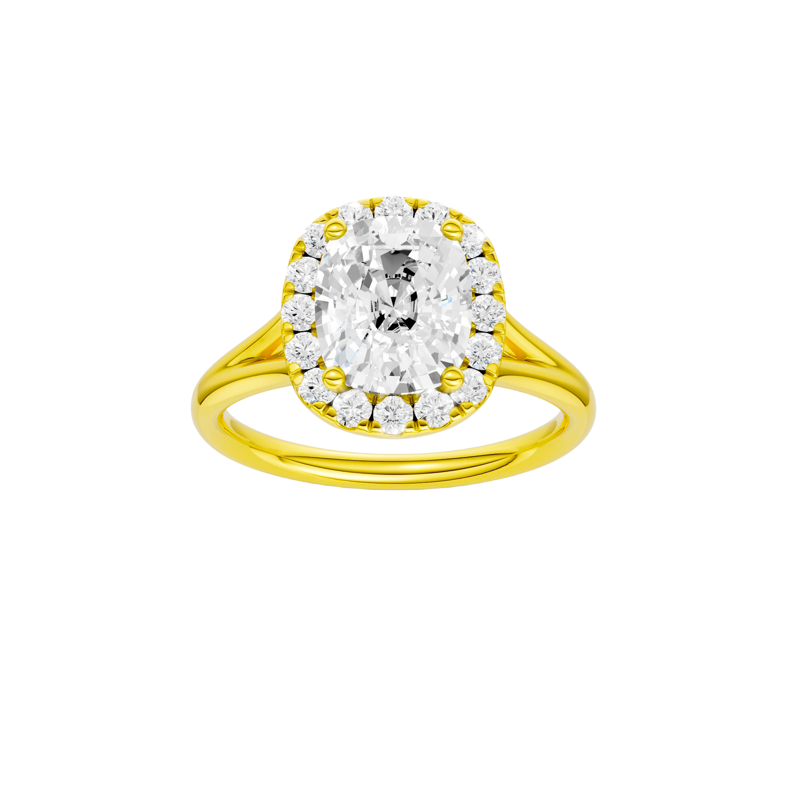 Elongated cushion-cut diamond engagement ring with a plain band and halo setting.