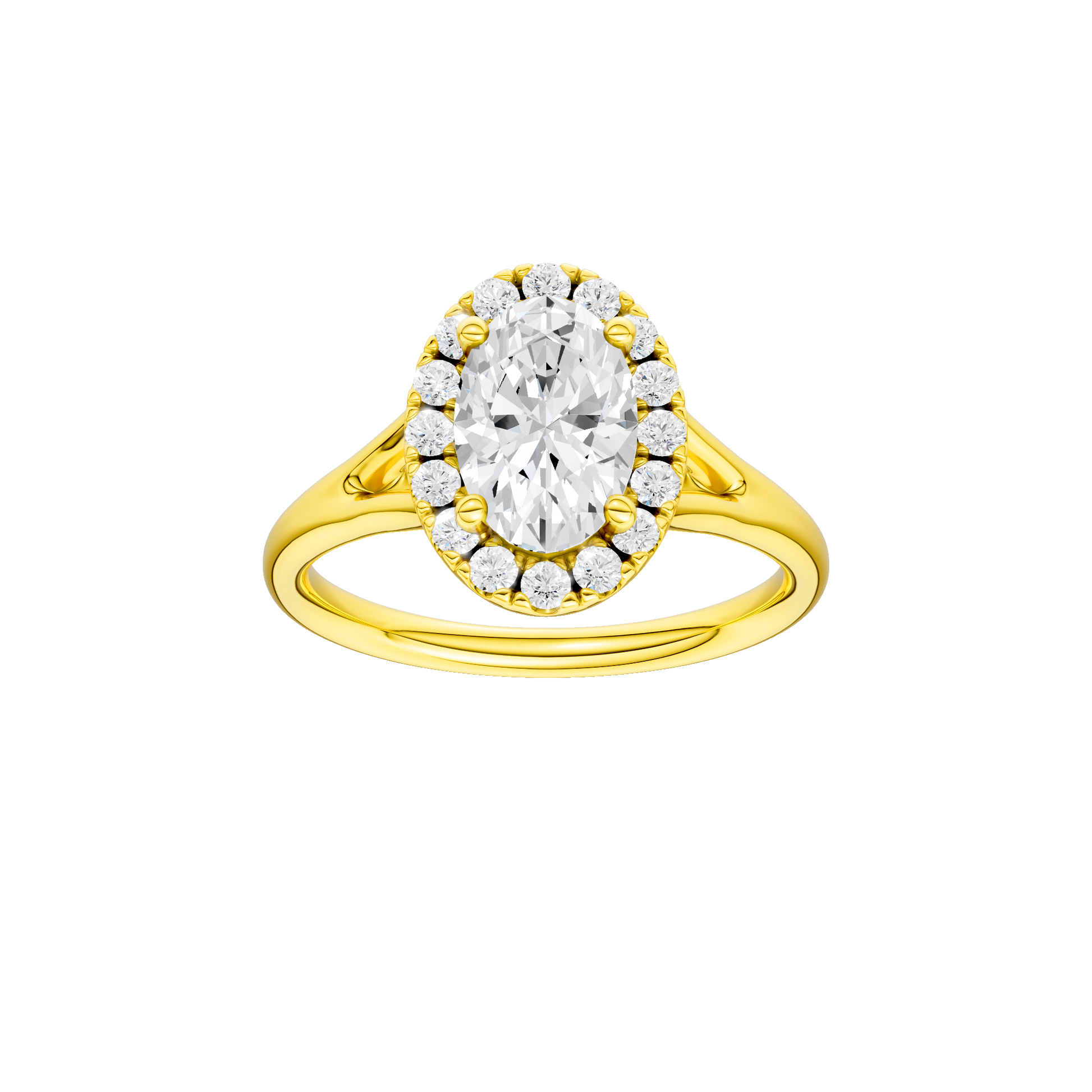 Oval-cut diamond engagement ring with a plain band and halo setting.