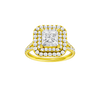 Princess-cut diamond engagement ring with a prong-set diamond band and double-halo setting.