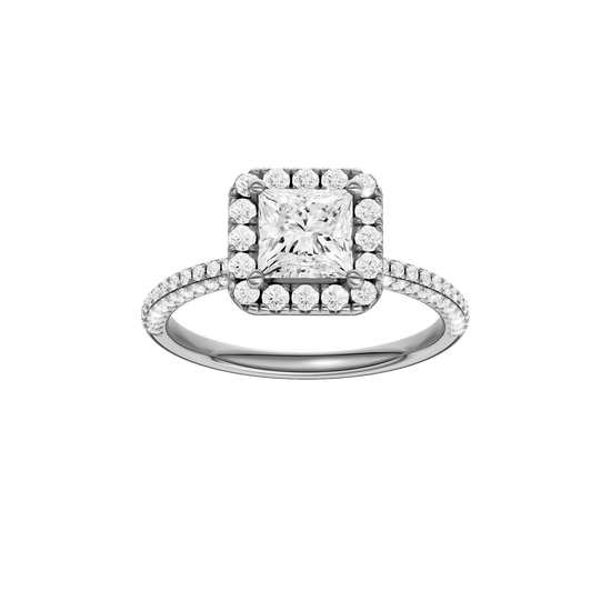 Princess-cut diamond engagement ring with a pavé-set diamond band and halo setting.