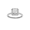 Princess-cut diamond engagement ring with a pavé-set diamond band and halo setting.
