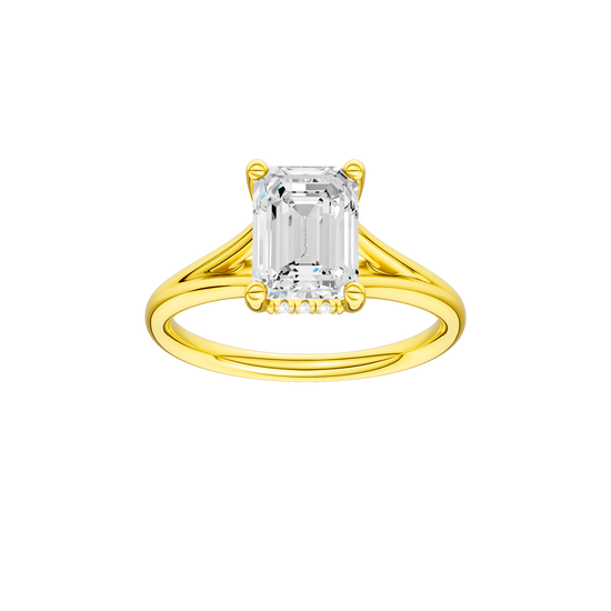 Emerald-cut diamond engagement ring with a plain band and hidden-halo setting.