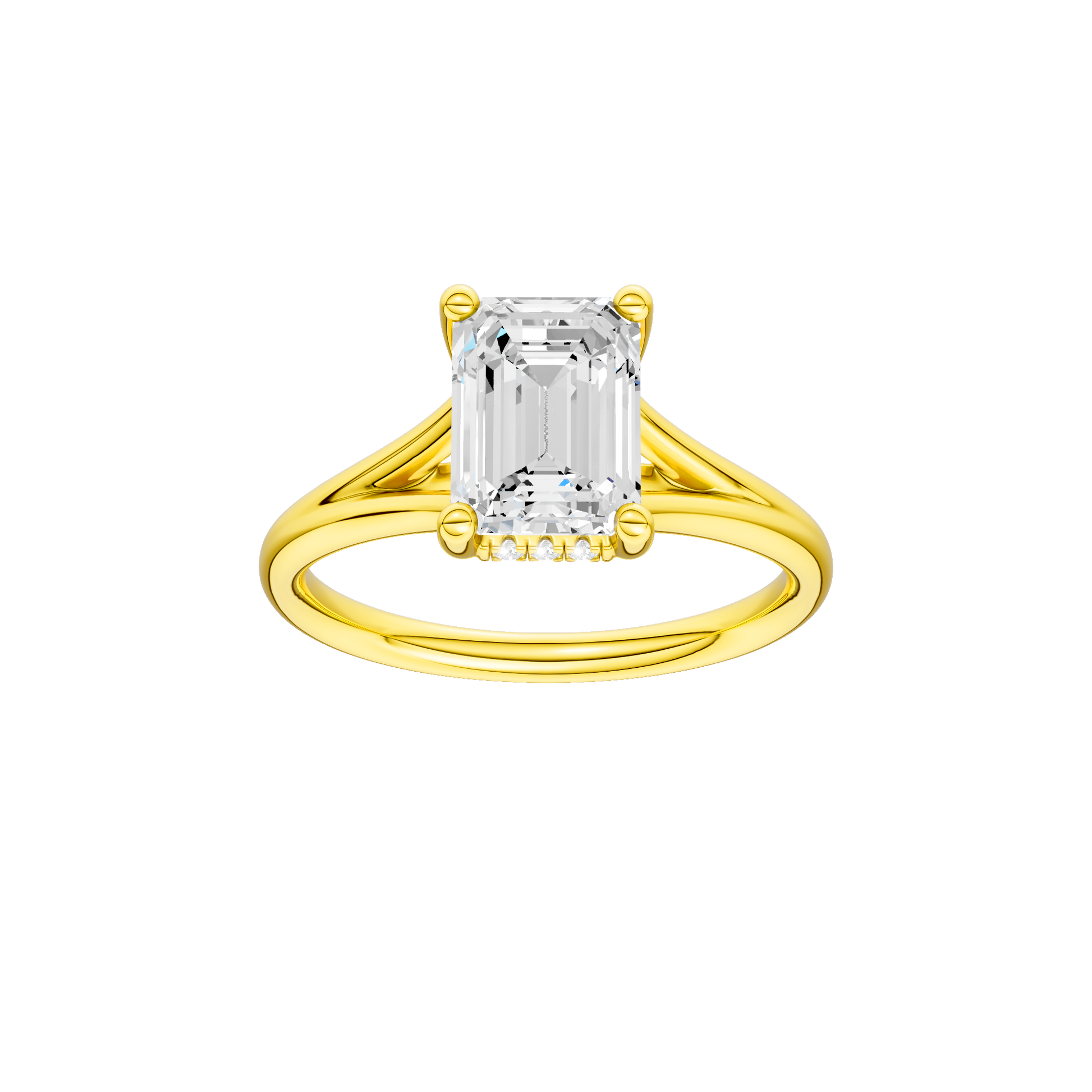 Emerald-cut diamond engagement ring with a plain band and hidden-halo setting.