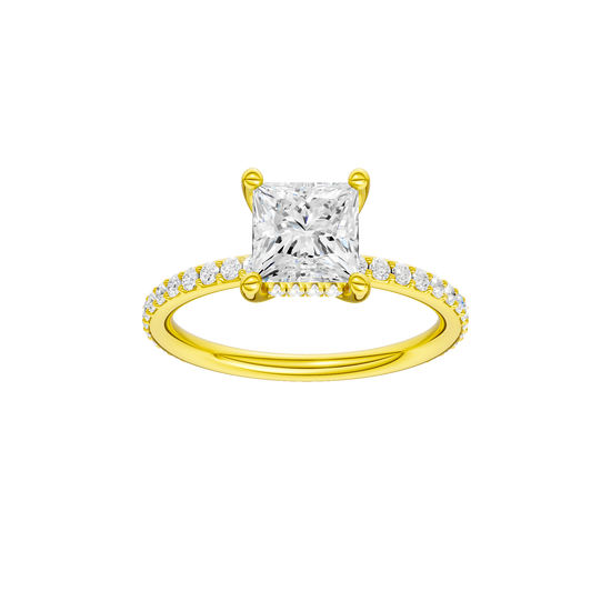 Princess-cut diamond engagement ring with a prong-set diamond band and hidden-halo setting.
