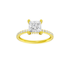 Princess-cut diamond engagement ring with a prong-set diamond band and hidden-halo setting.