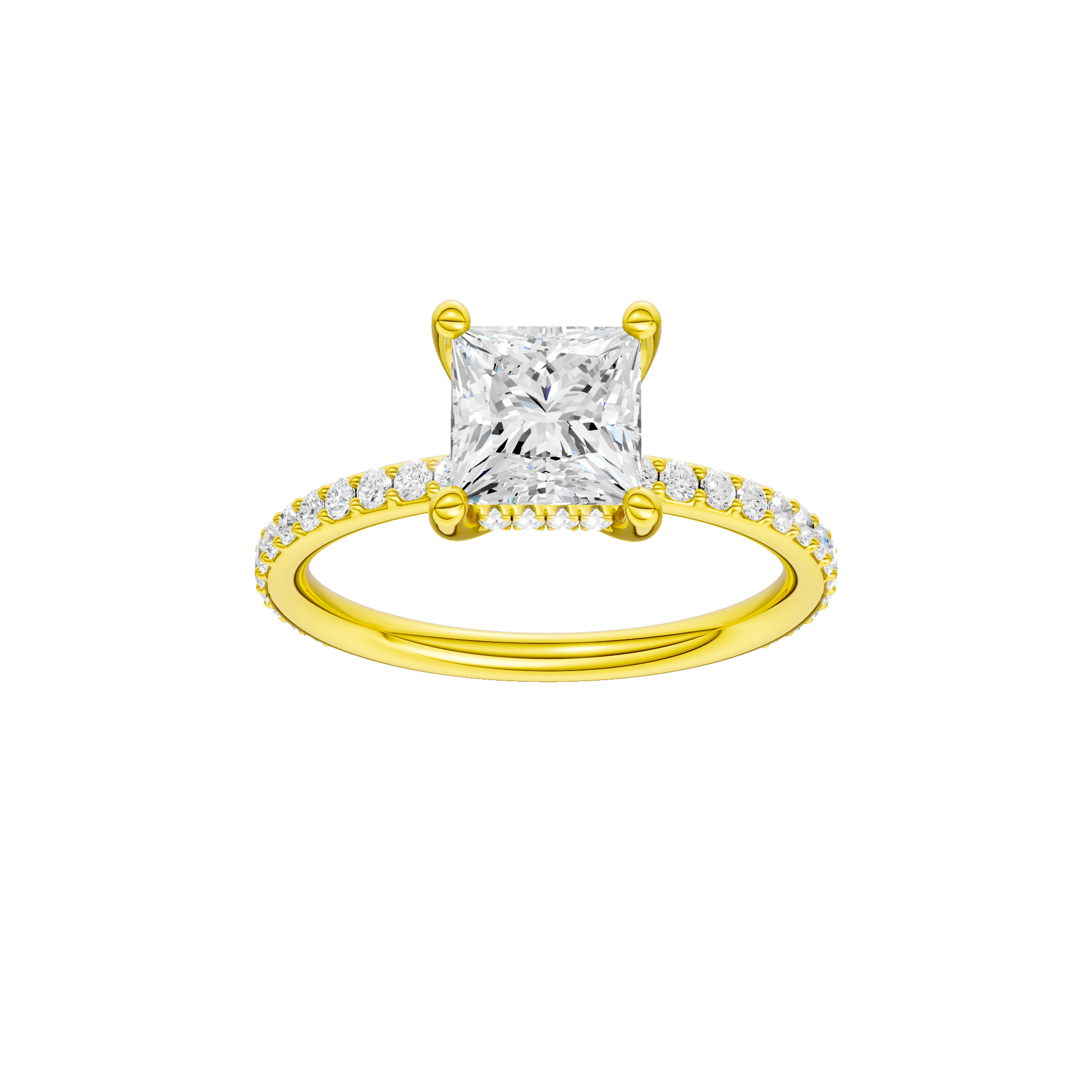 Princess-cut diamond engagement ring with a prong-set diamond band and hidden-halo setting.