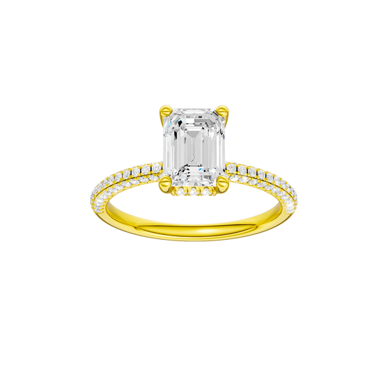 Emerald-cut diamond engagement ring with a pavé-set diamond band and hidden-halo setting.