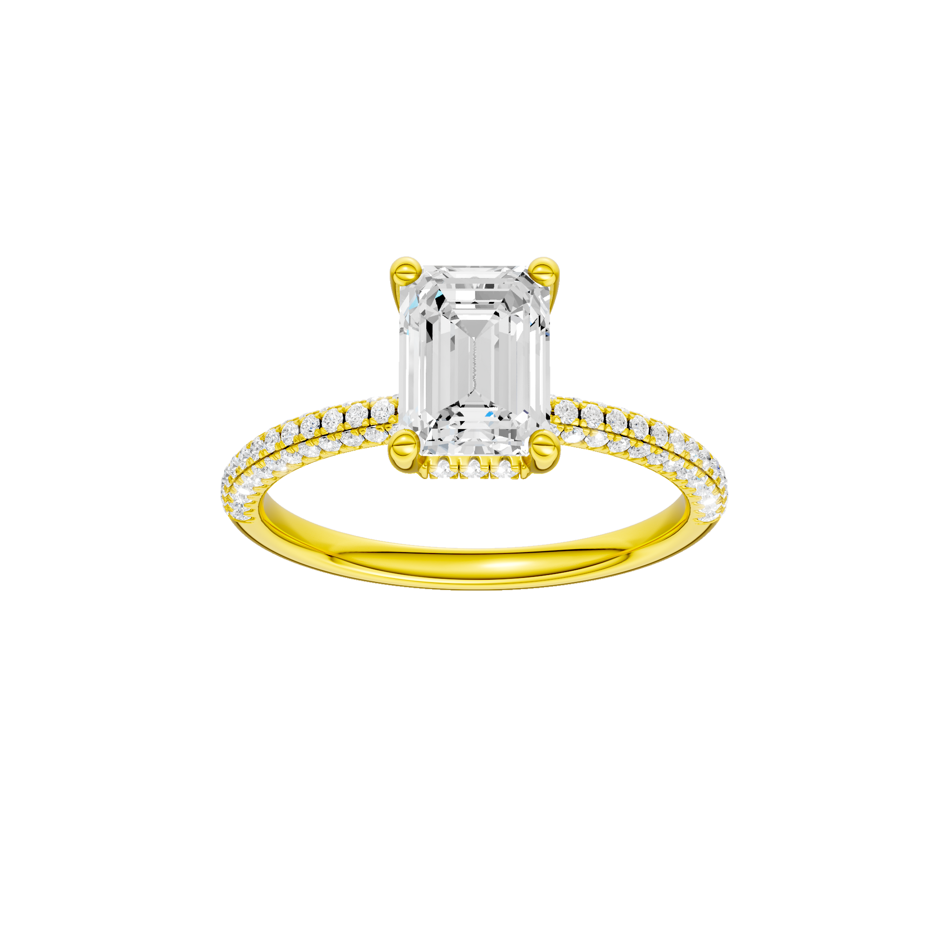 Emerald-cut diamond engagement ring with a pavé-set diamond band and hidden-halo setting.