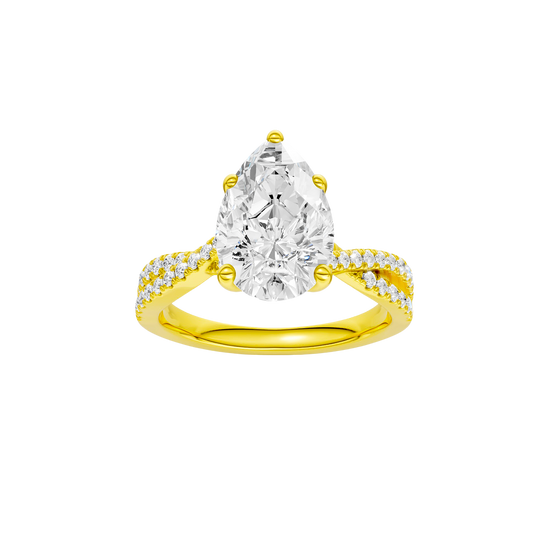 Pear-cut diamond engagement ring in 14k yellow gold with a prong-set diamond band and twist setting
