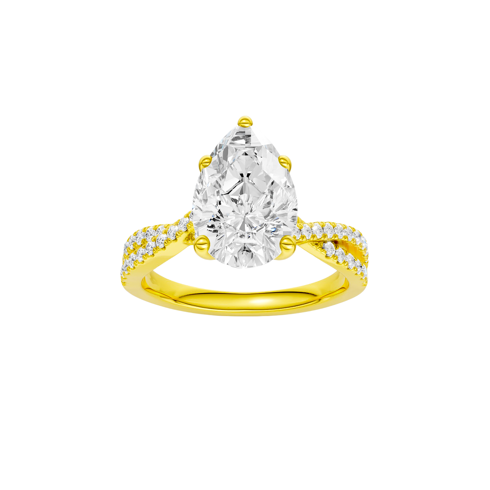 Pear-cut diamond engagement ring in 14k yellow gold with a prong-set diamond band and twist setting