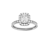Emerald-cut diamond engagement ring with a channel-set diamond band and halo setting.