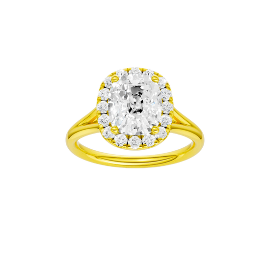 Elongated cushion-cut diamond engagement ring with a plain band and halo setting.