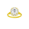 Elongated cushion-cut diamond engagement ring with a plain band and halo setting.