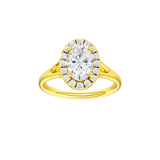 Oval-cut diamond engagement ring with a plain band and halo setting.