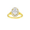 Oval-cut diamond engagement ring with a plain band and halo setting.