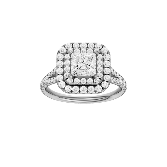 Princess-cut diamond engagement ring with a prong-set diamond band and double-halo setting.